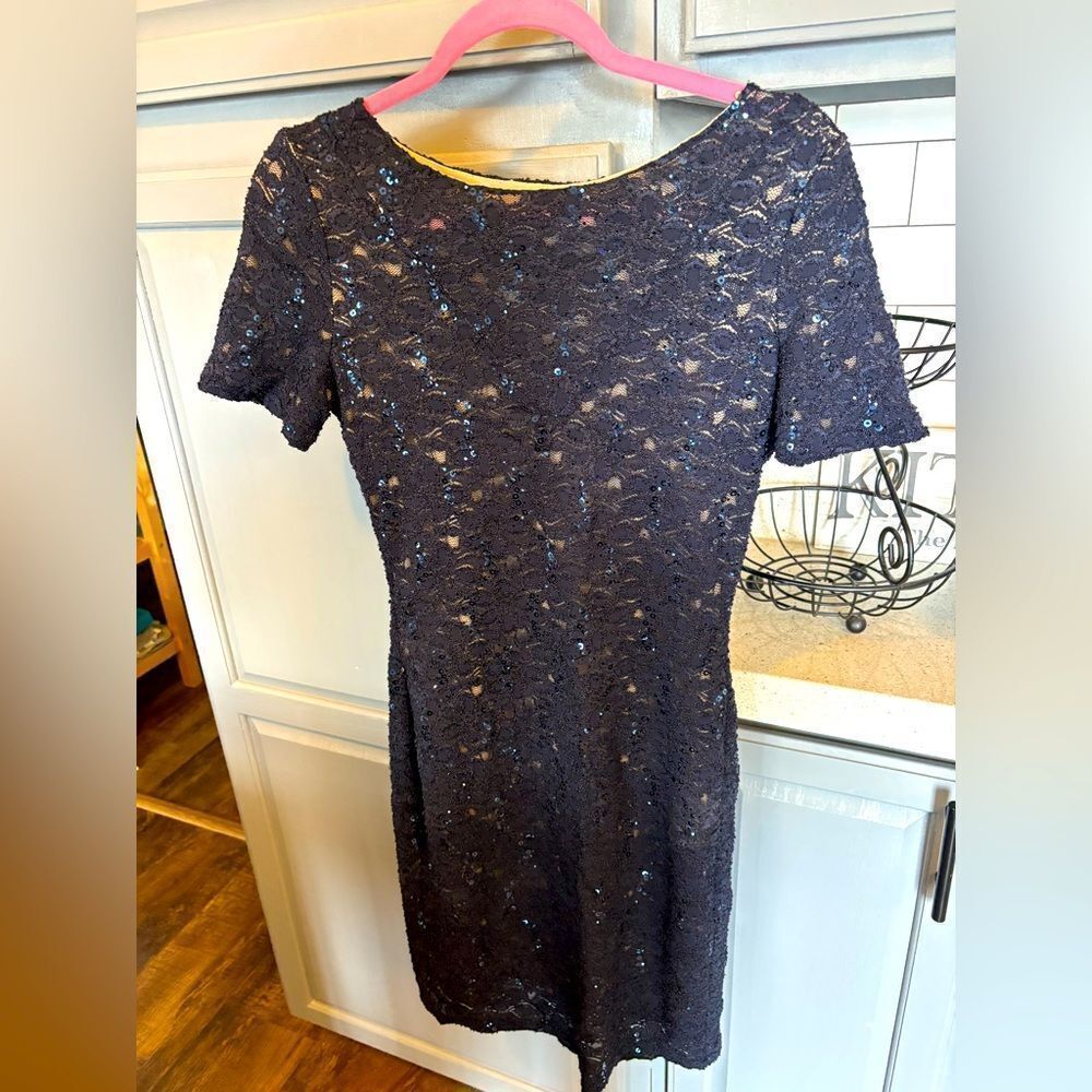 Elegant Navy Blue Badgely Mischka Lace and Sequin Dress